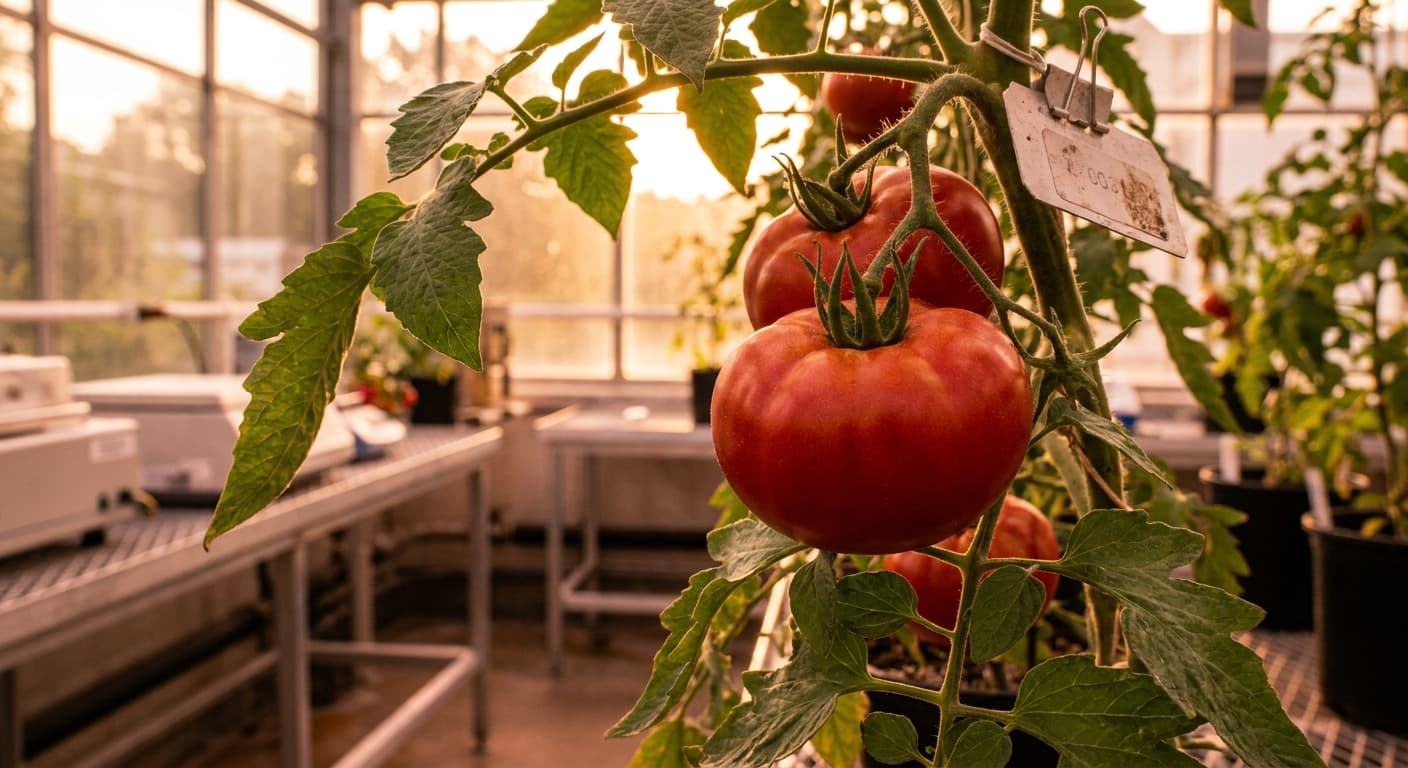 Scoville Splice Slow Roast (SS-0203) — engineered Tomato specimen on-plant with laboratory specimen tag