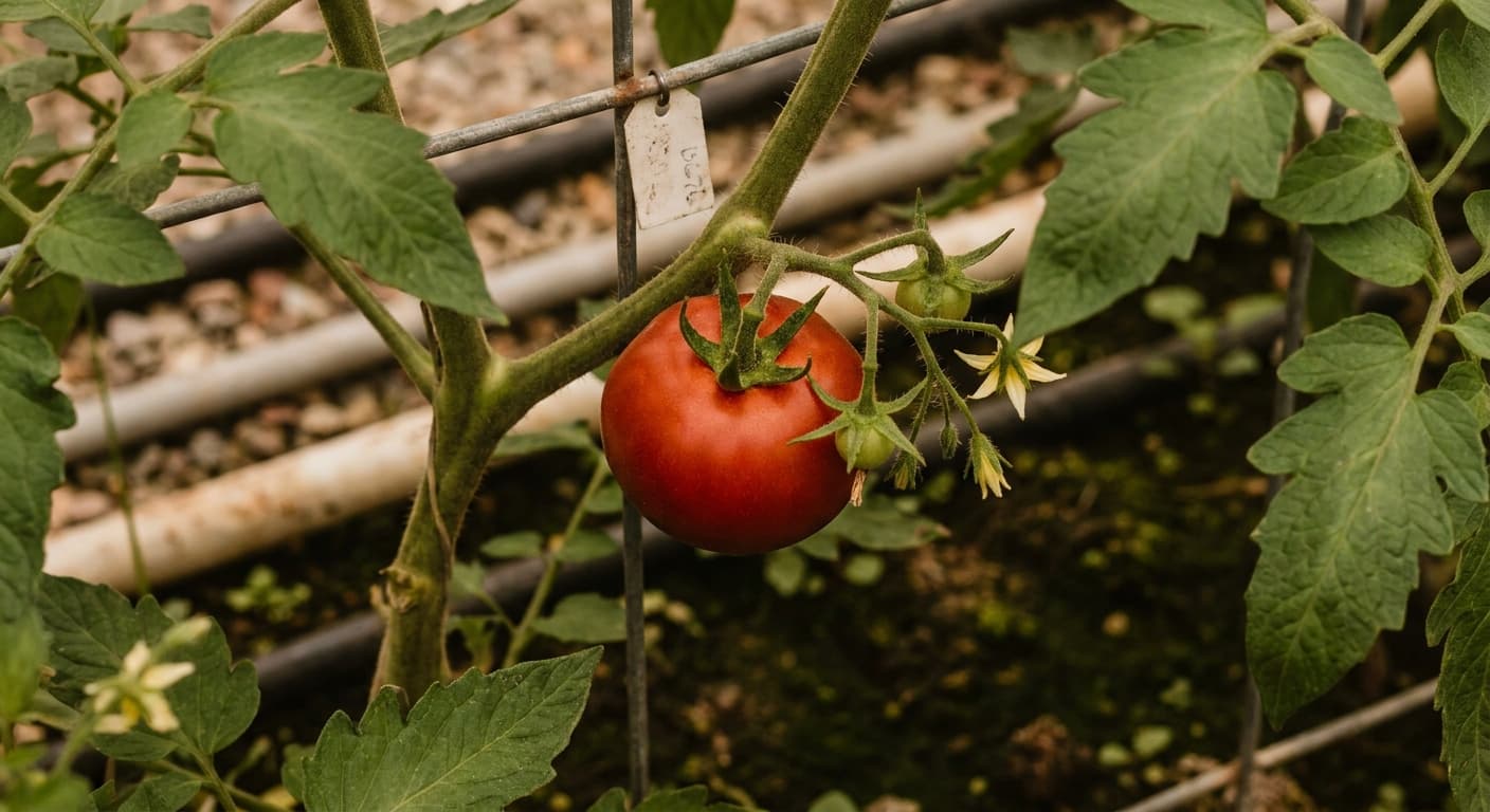Scoville Splice Campfire Tomato (SS-0204) — engineered Tomato specimen on-plant with laboratory specimen tag