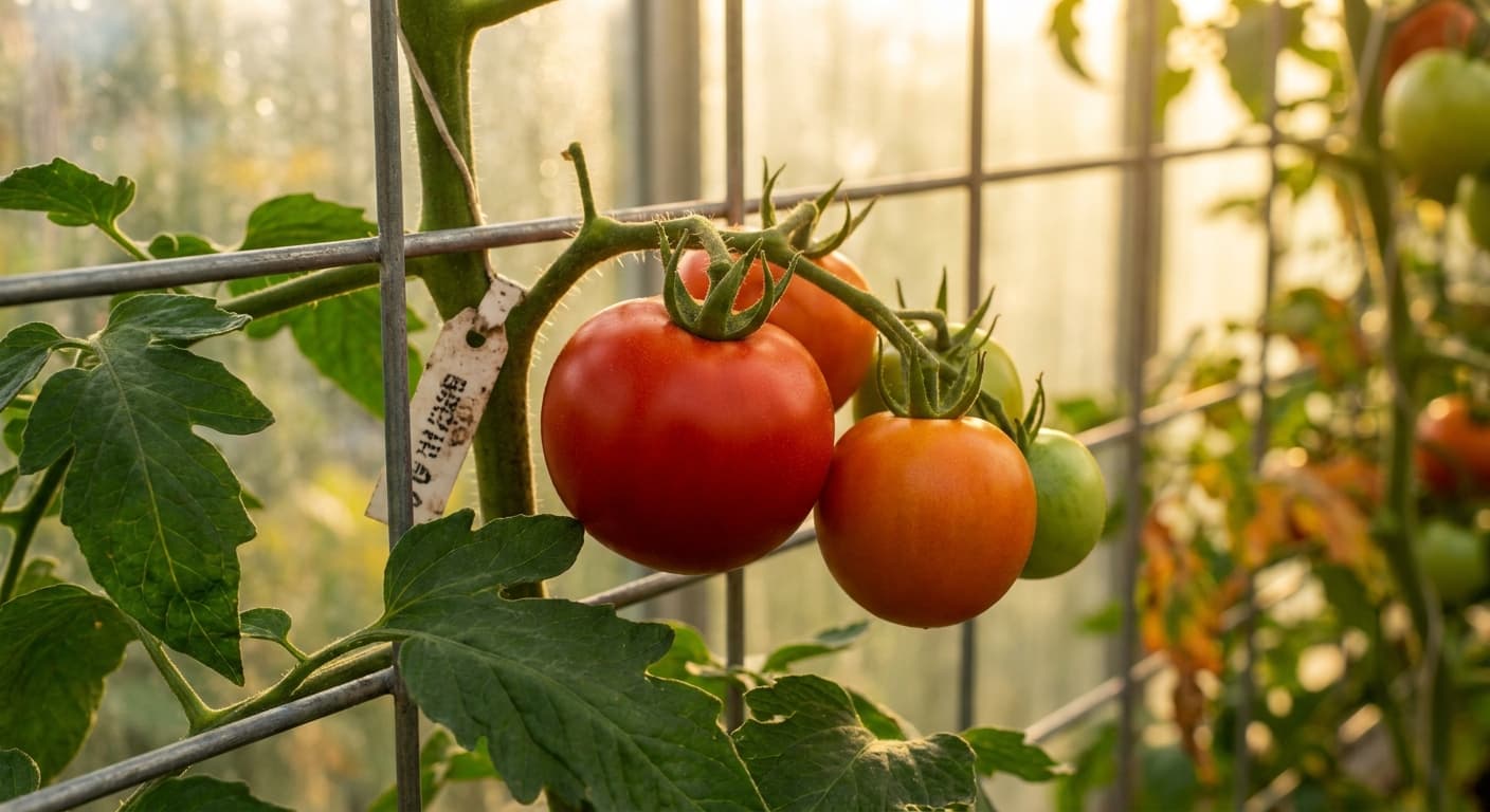 Scoville Splice Sundried Spark (SS-0205) — engineered Tomato specimen on-plant with laboratory specimen tag