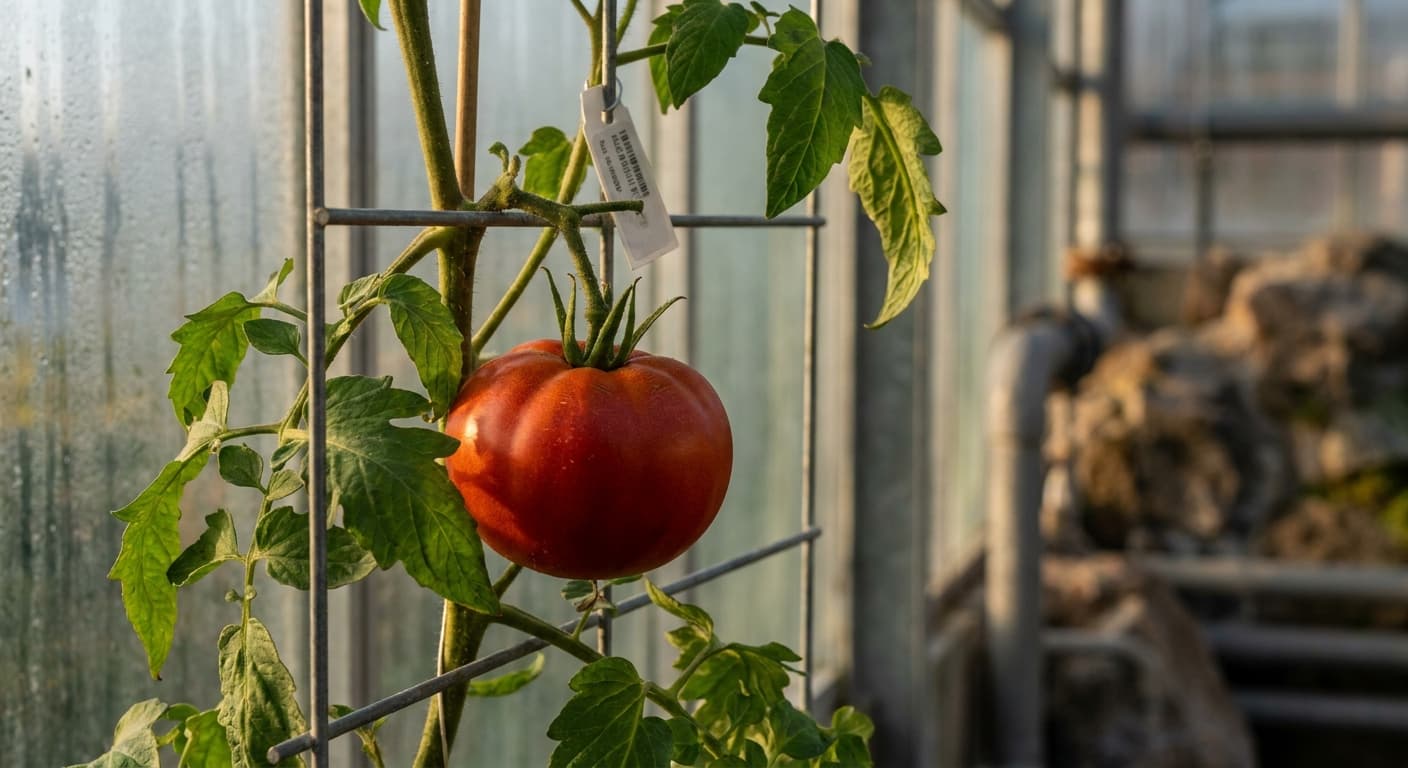 Scoville Splice Cherry Bomb (SS-0206) — engineered Tomato specimen on-plant with laboratory specimen tag