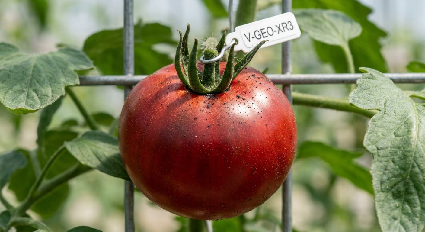 Scoville Splice Roma Blaze (SS-0207) — engineered Tomato specimen on-plant with laboratory specimen tag