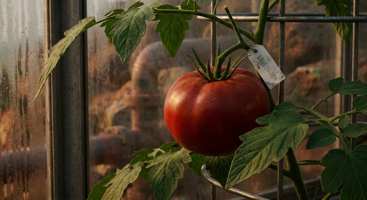Scoville Splice Heirloom Scald (SS-0208) — engineered Tomato specimen on-plant with laboratory specimen tag