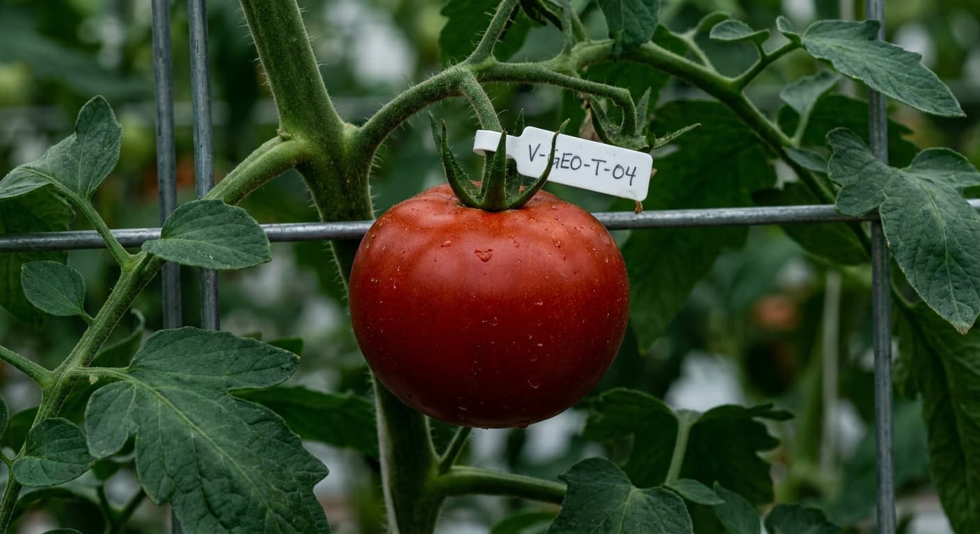 Scoville Splice Plum Flare (SS-0209) — engineered Tomato specimen on-plant with laboratory specimen tag