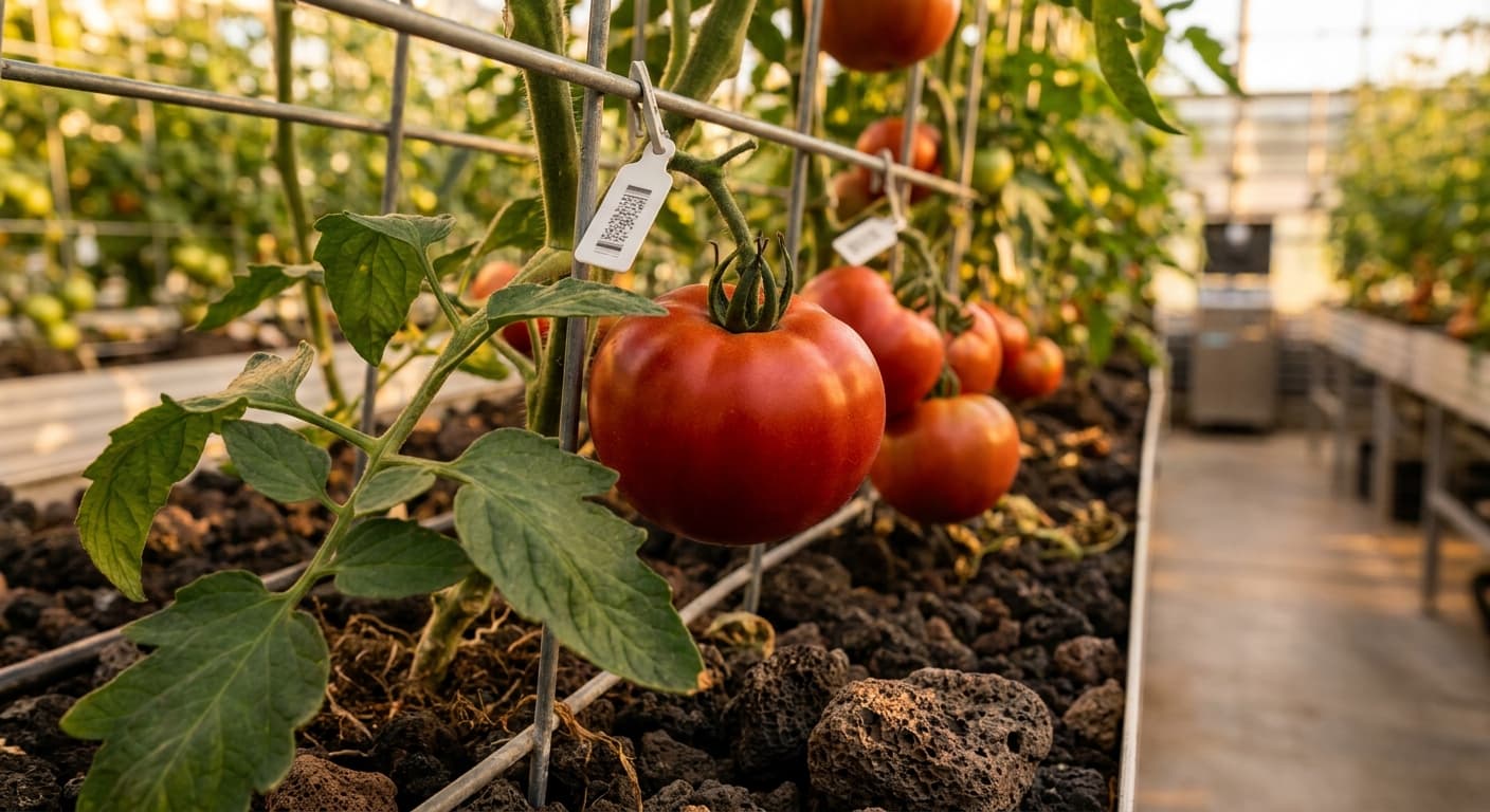 Scoville Splice Beefsteak Burn (SS-0210) — engineered Tomato specimen on-plant with laboratory specimen tag