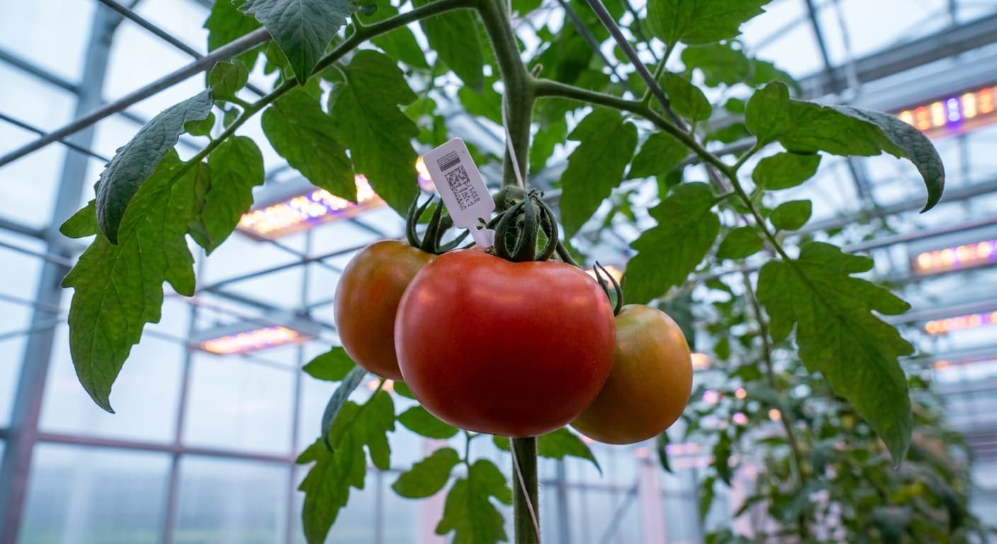 Scoville Splice Cluster Fire (SS-0211) — engineered Tomato specimen on-plant with laboratory specimen tag