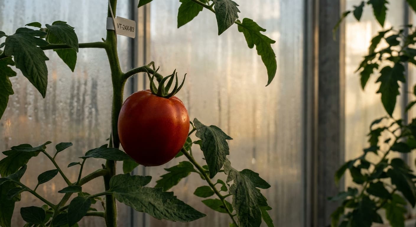 Scoville Splice Sauce Base Hot (SS-0213) — engineered Tomato specimen on-plant with laboratory specimen tag