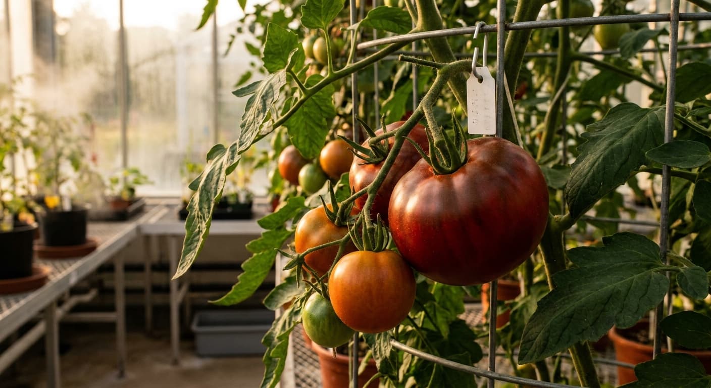Scoville Splice Paste Inferno (SS-0214) — engineered Tomato specimen on-plant with laboratory specimen tag