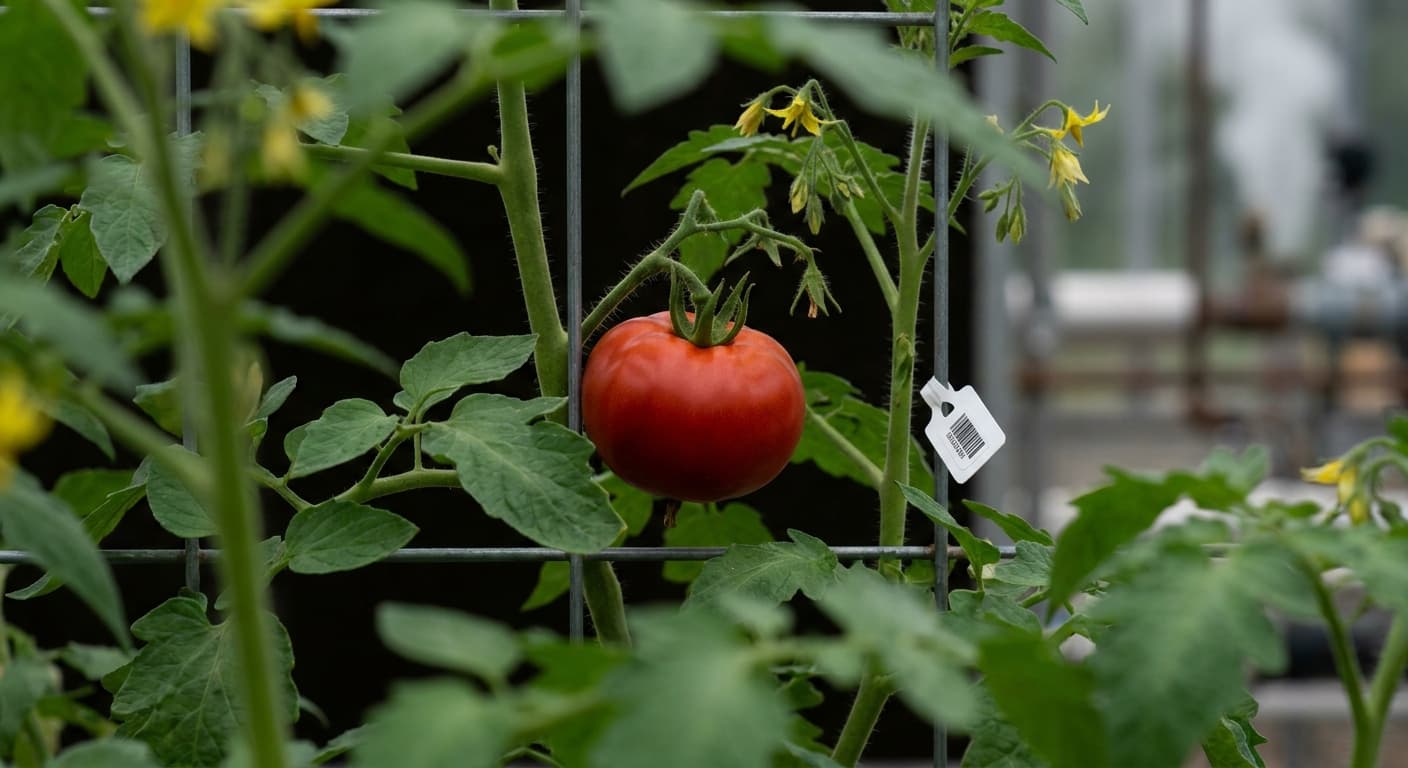 Scoville Splice Sun Gold Sting (SS-0215) — engineered Tomato specimen on-plant with laboratory specimen tag