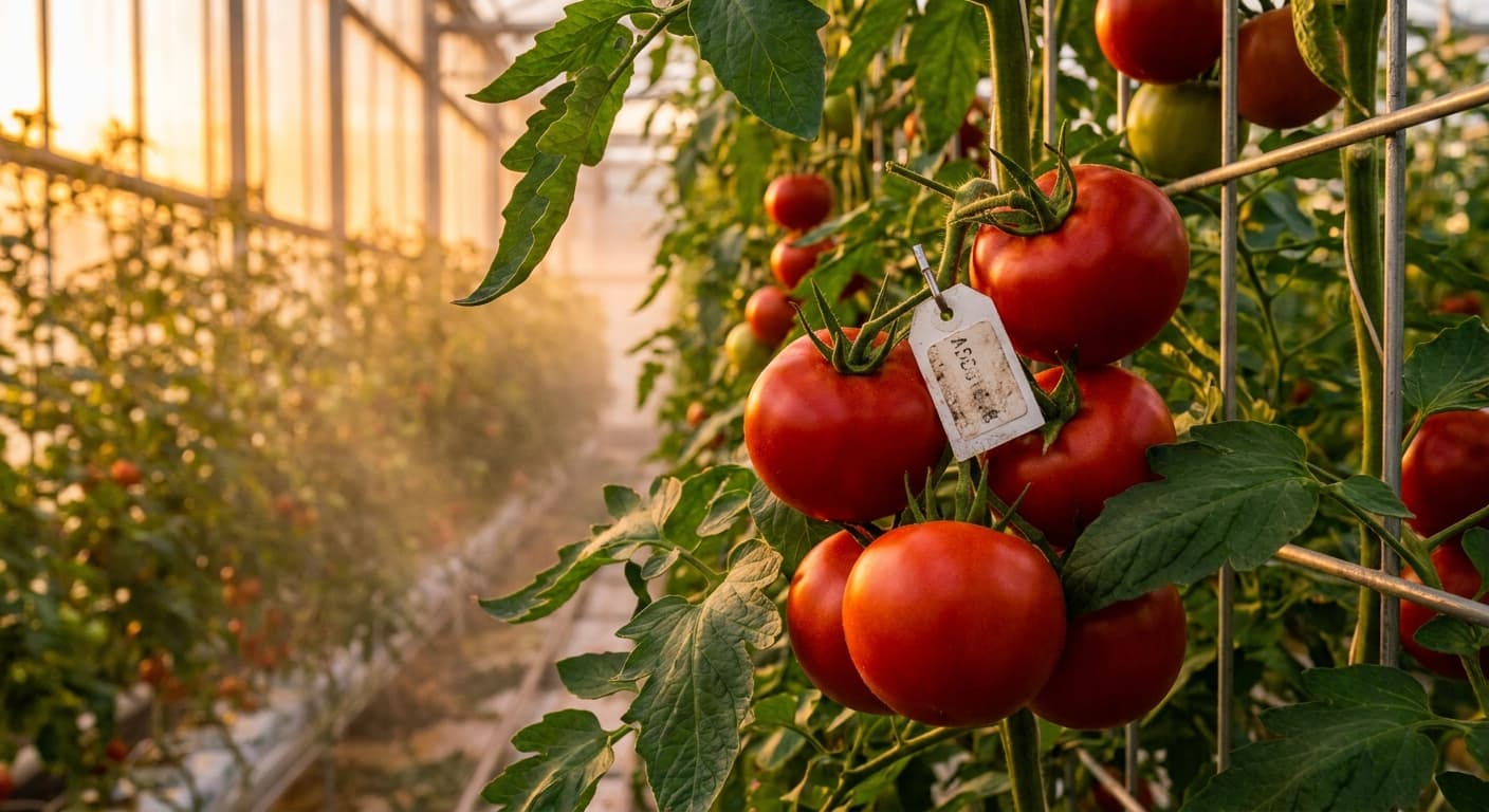Scoville Splice Grape Shot (SS-0216) — engineered Tomato specimen on-plant with laboratory specimen tag