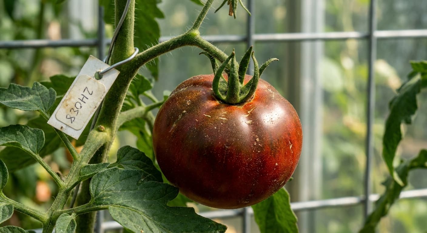 Scoville Splice Vesuvius (SS-0218) — engineered Tomato specimen on-plant with laboratory specimen tag