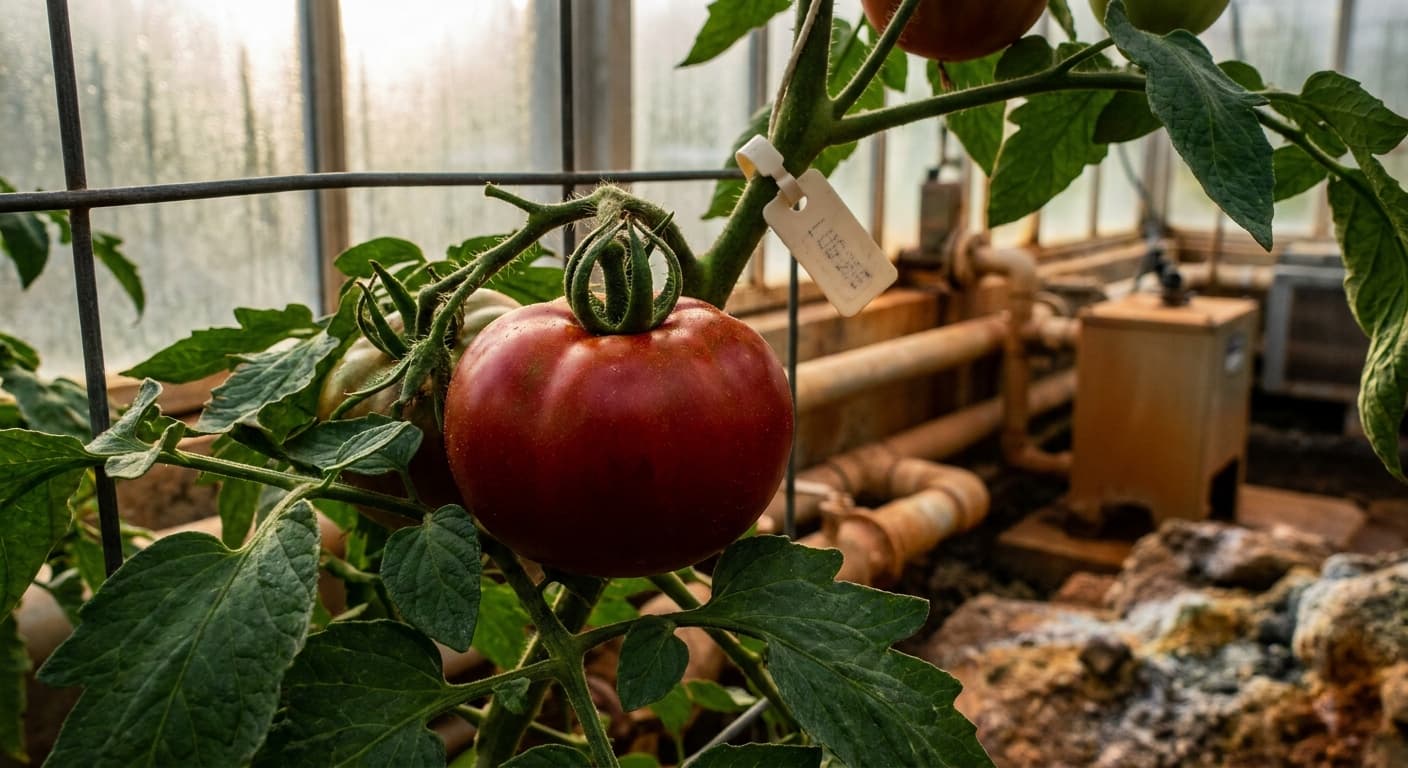 Scoville Splice Pompeii (SS-0219) — engineered Tomato specimen on-plant with laboratory specimen tag