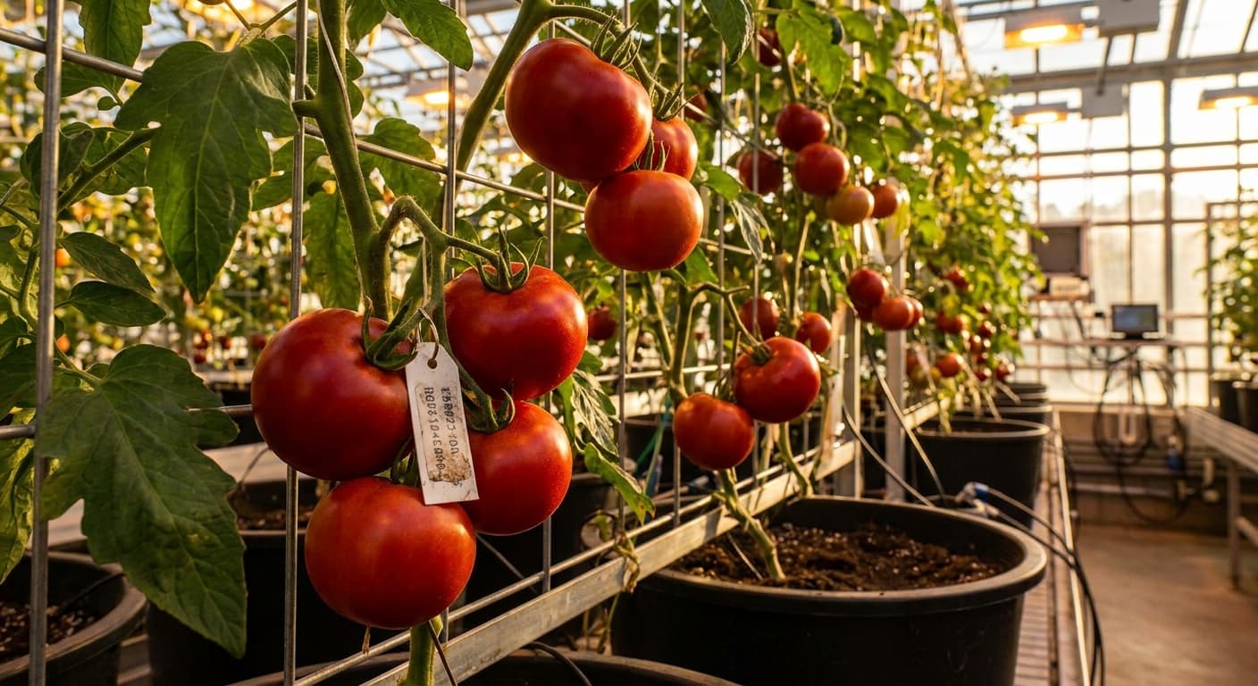 Scoville Splice Etna (SS-0221) — engineered Tomato specimen on-plant with laboratory specimen tag
