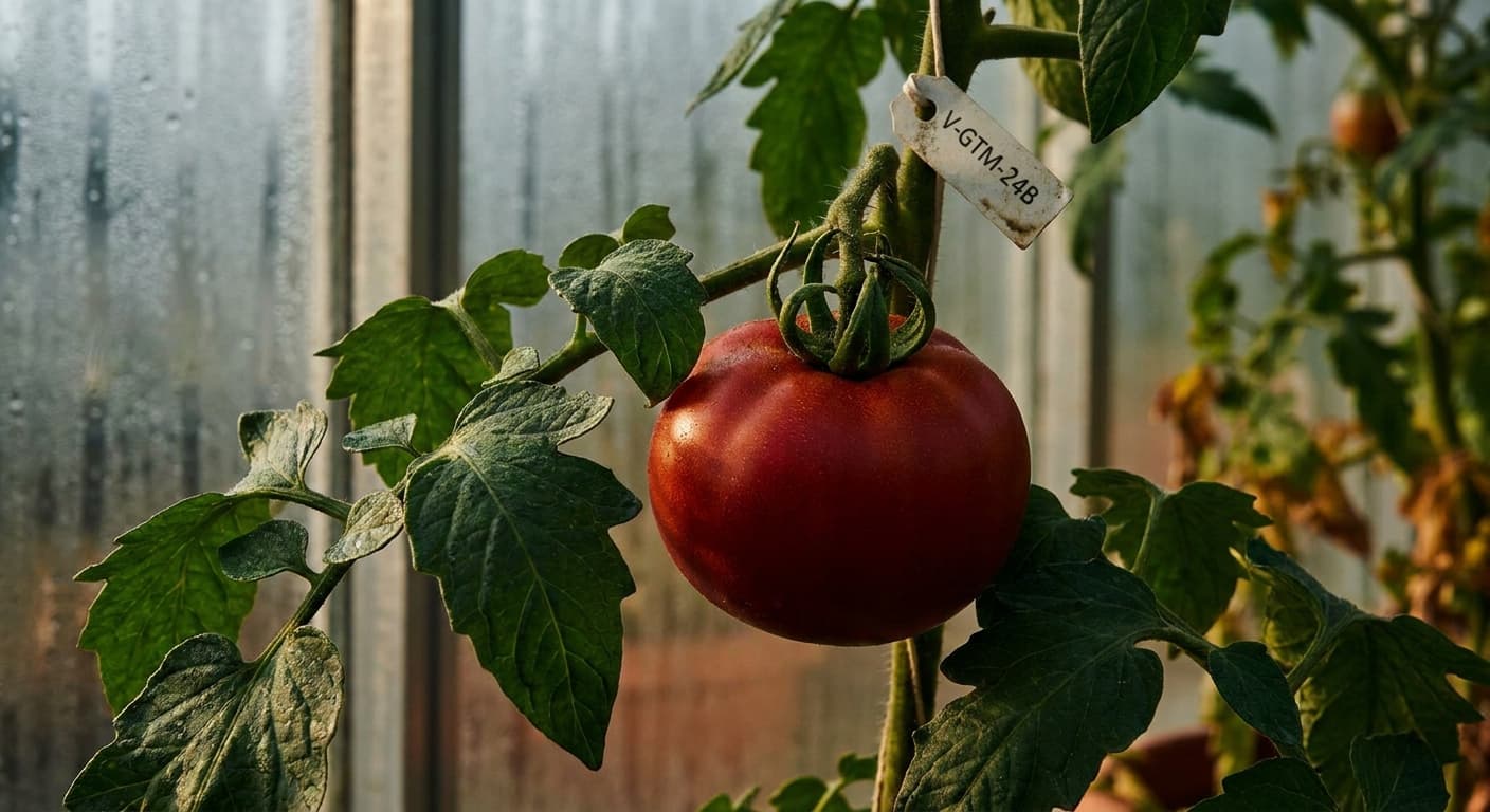 Scoville Splice Fuji (SS-0222) — engineered Tomato specimen on-plant with laboratory specimen tag
