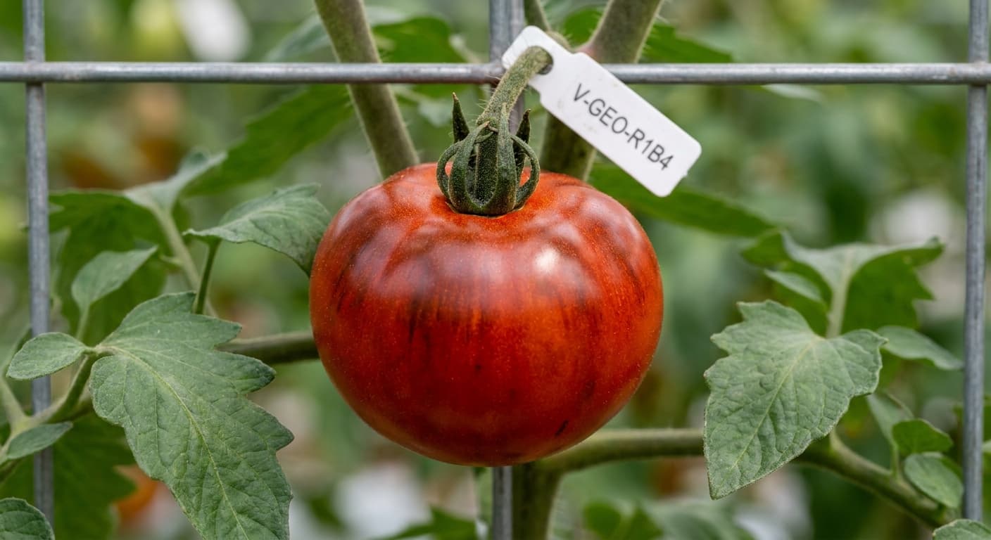 Scoville Splice Pinatubo (SS-0223) — engineered Tomato specimen on-plant with laboratory specimen tag