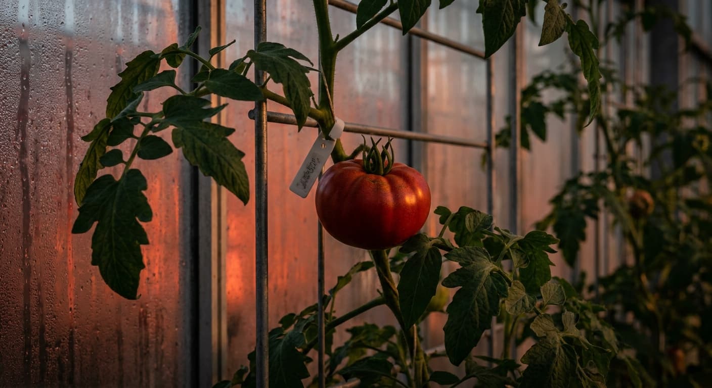 Scoville Splice Tambora (SS-0224) — engineered Tomato specimen on-plant with laboratory specimen tag