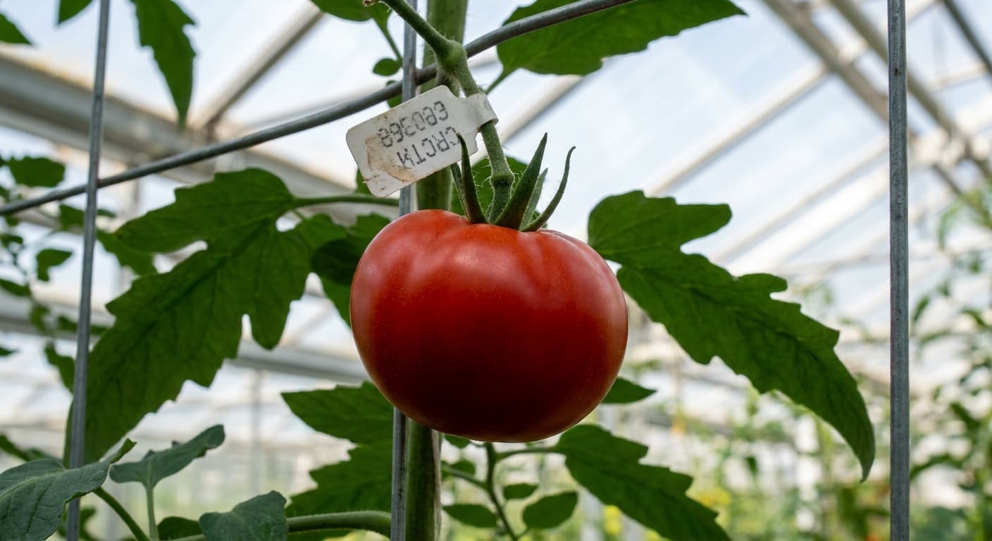 Scoville Splice Yellowstone (SS-0225) — engineered Tomato specimen on-plant with laboratory specimen tag
