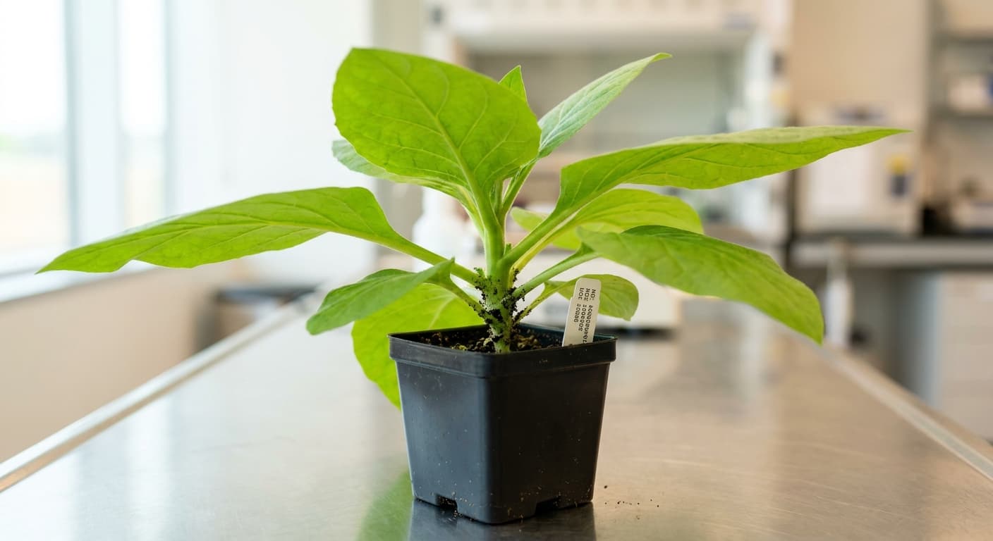 Scoville Splice Leaf Test (SS-0251) — engineered Tobacco specimen on-plant with laboratory specimen tag