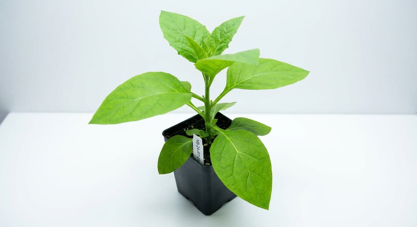 Scoville Splice Infiltration (SS-0252) — engineered Tobacco specimen on-plant with laboratory specimen tag