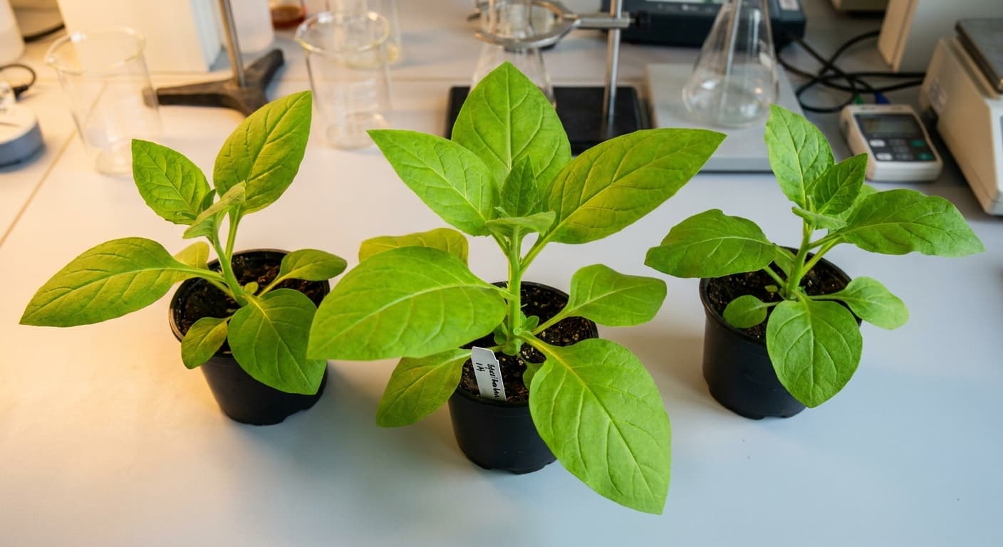 Scoville Splice Transient Flash (SS-0253) — engineered Tobacco specimen on-plant with laboratory specimen tag