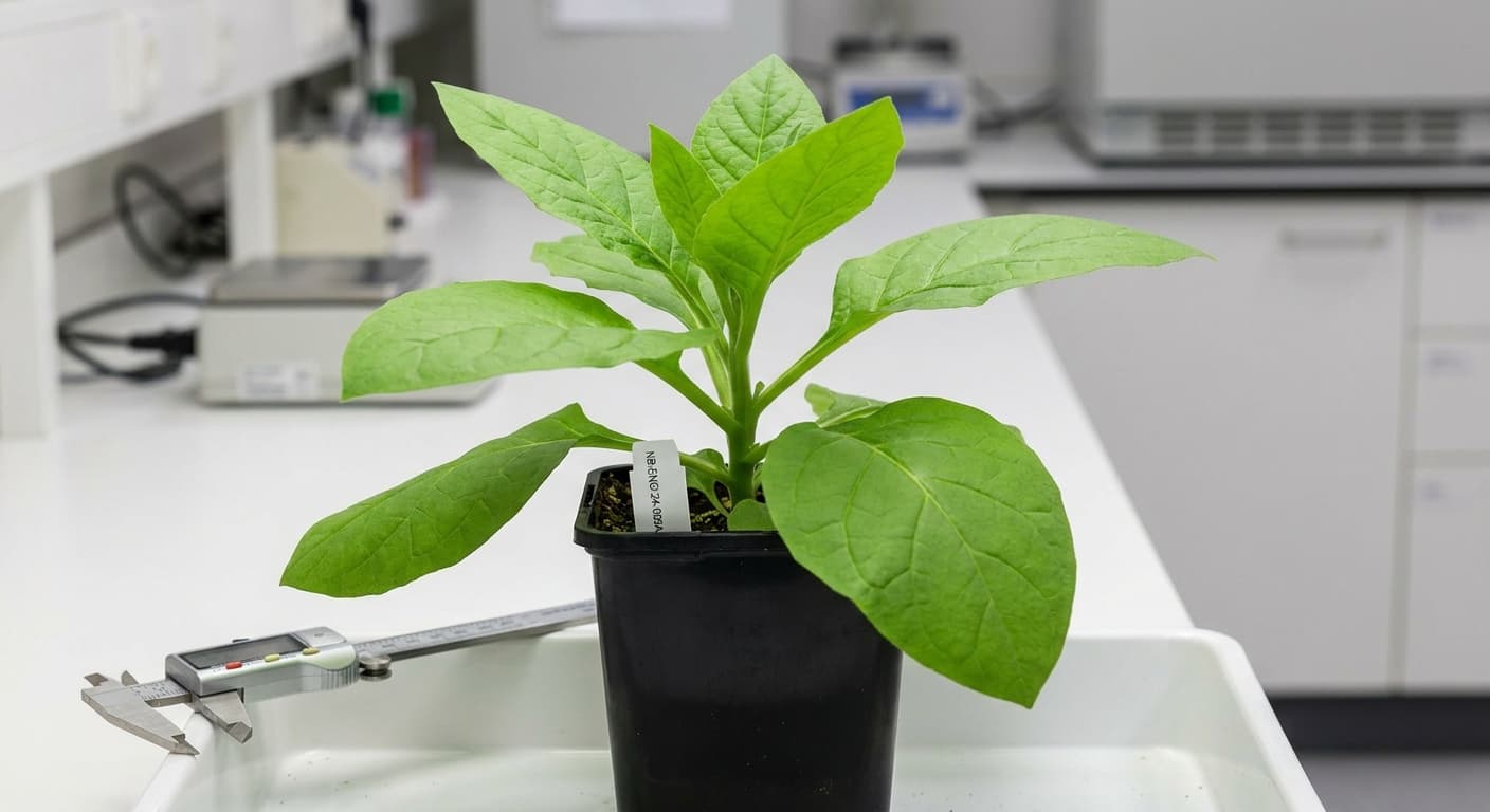 Scoville Splice Benchmark A (SS-0254) — engineered Tobacco specimen on-plant with laboratory specimen tag