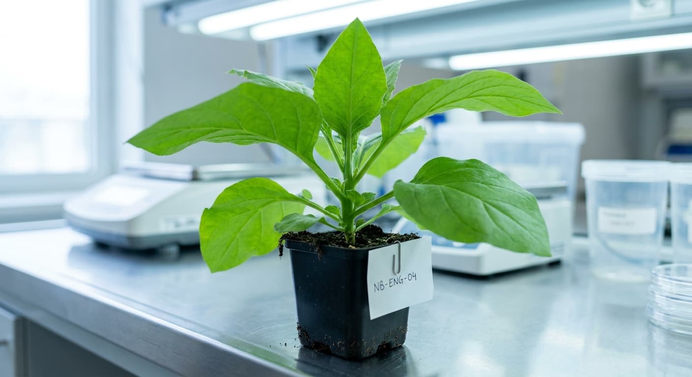 Scoville Splice Benchmark B (SS-0255) — engineered Tobacco specimen on-plant with laboratory specimen tag