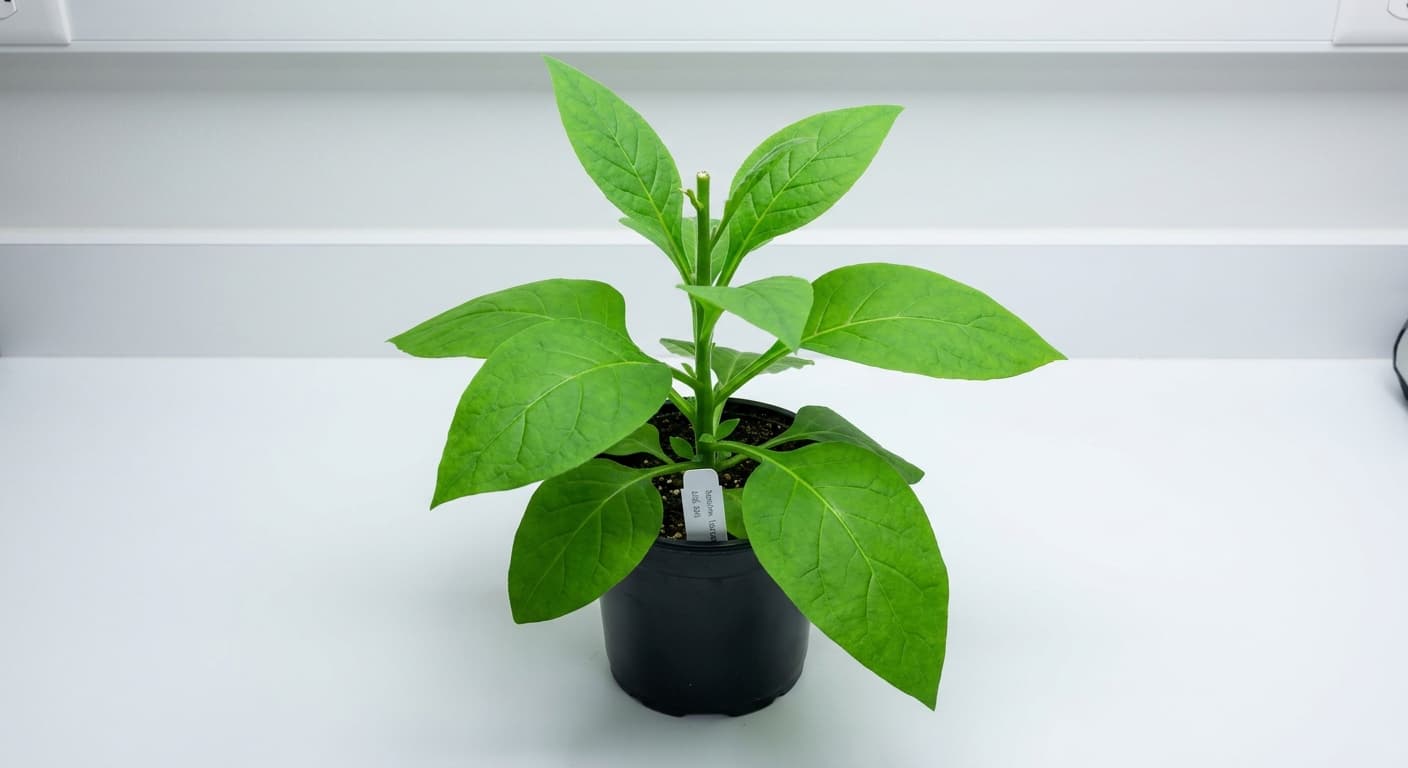 Scoville Splice Benchmark C (SS-0256) — engineered Tobacco specimen on-plant with laboratory specimen tag