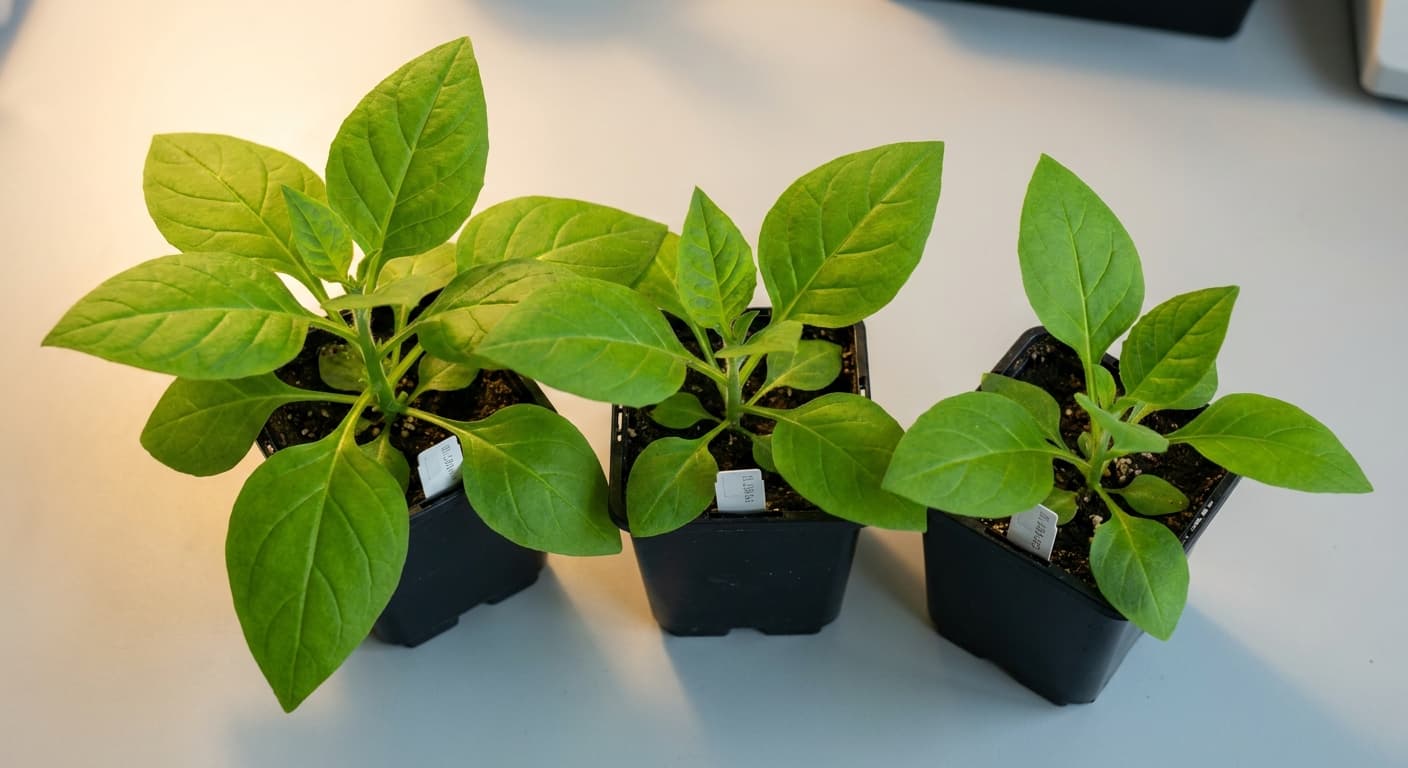 Scoville Splice Threshold (SS-0257) — engineered Tobacco specimen on-plant with laboratory specimen tag