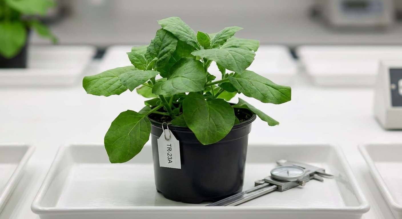 Scoville Splice Overexpression (SS-0258) — engineered Tobacco specimen on-plant with laboratory specimen tag