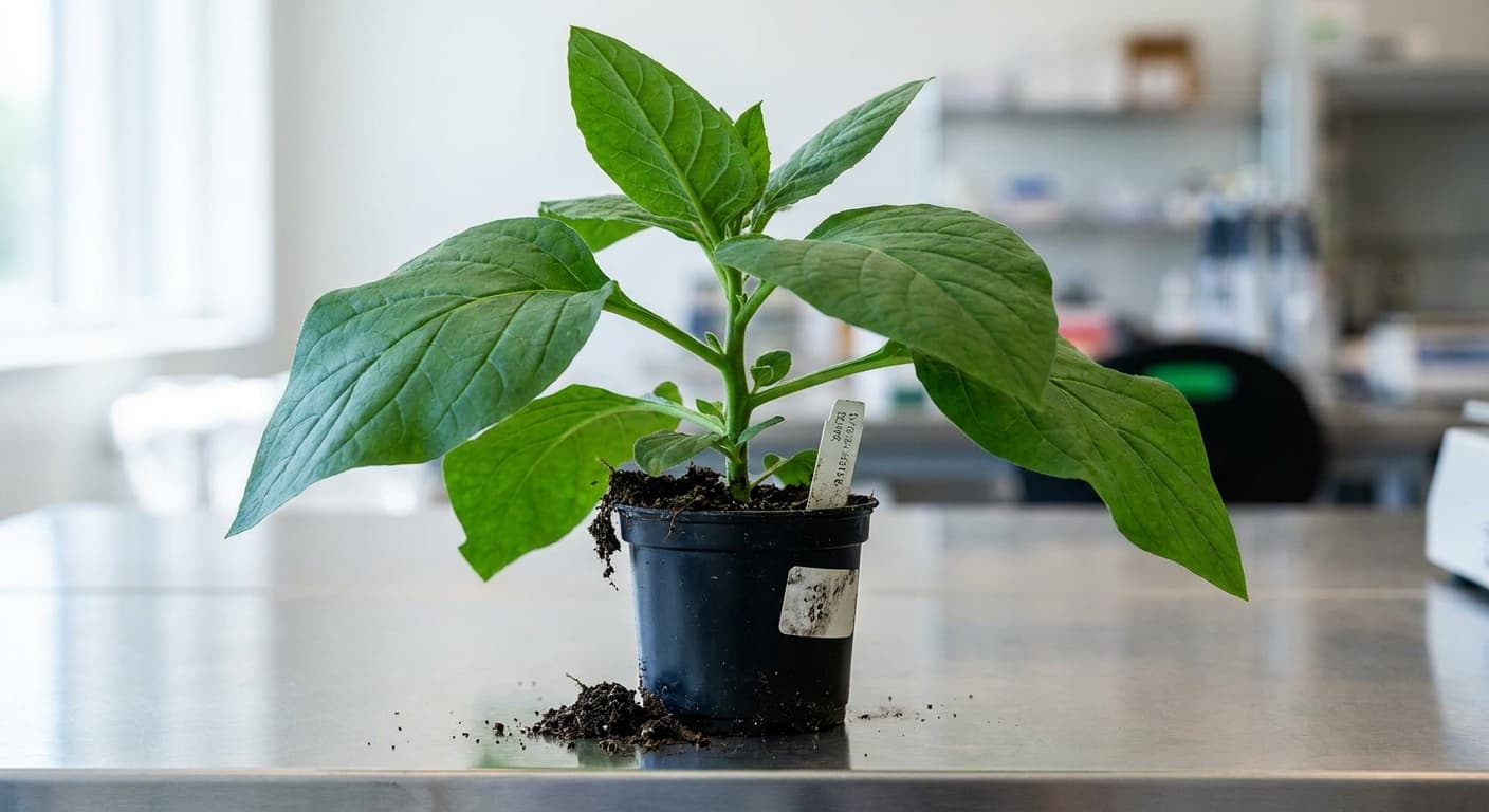 Scoville Splice Maximum Yield (SS-0259) — engineered Tobacco specimen on-plant with laboratory specimen tag