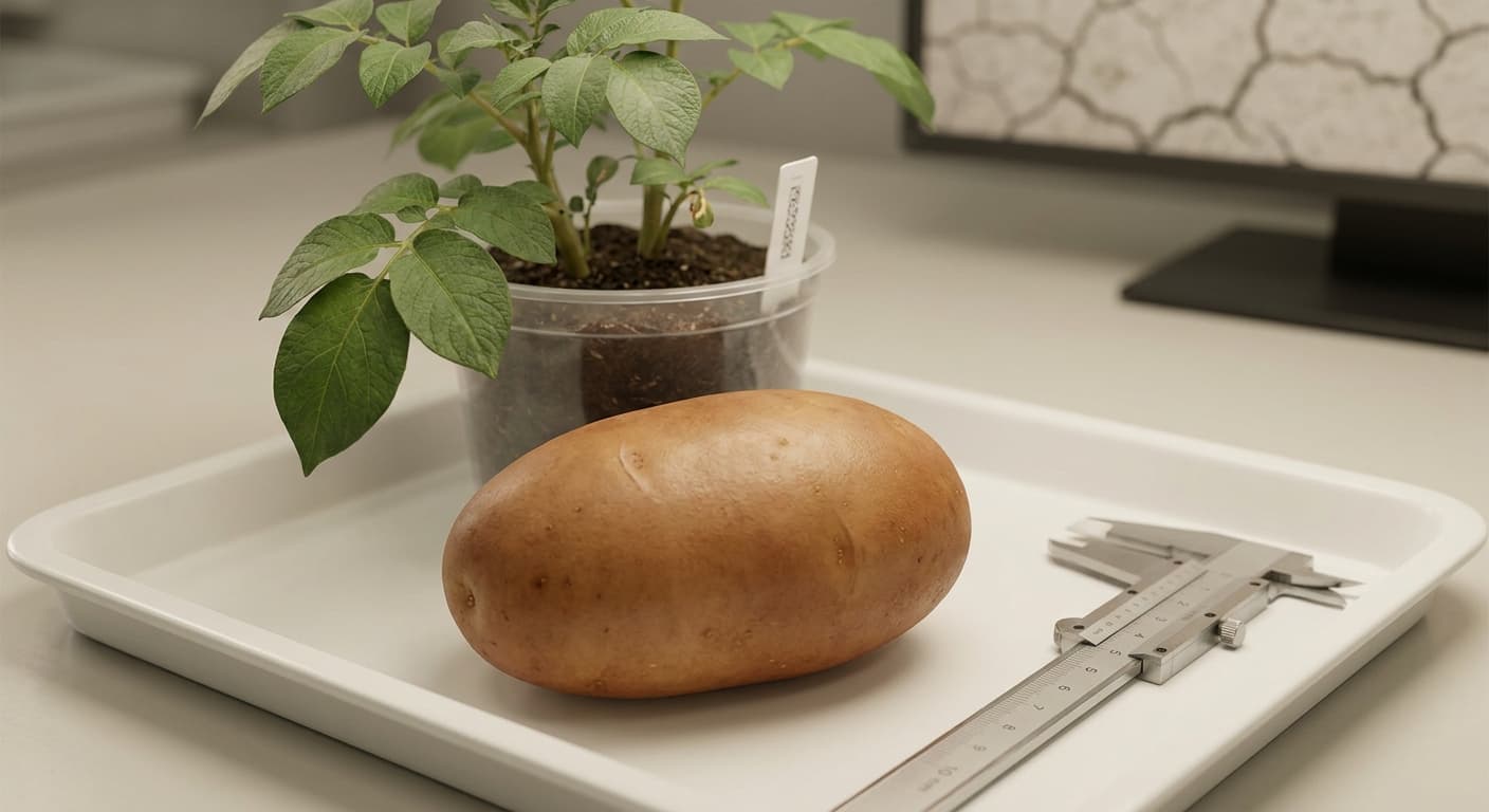 Scoville Splice Tremor (SS-0261) — engineered Potato specimen on-plant with laboratory specimen tag