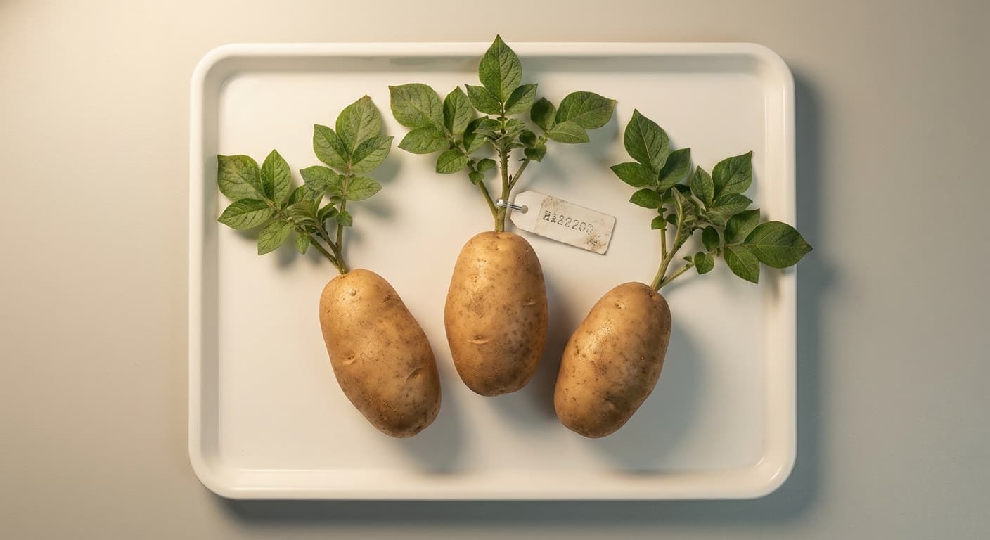 Scoville Splice Aftershock (SS-0262) — engineered Potato specimen on-plant with laboratory specimen tag