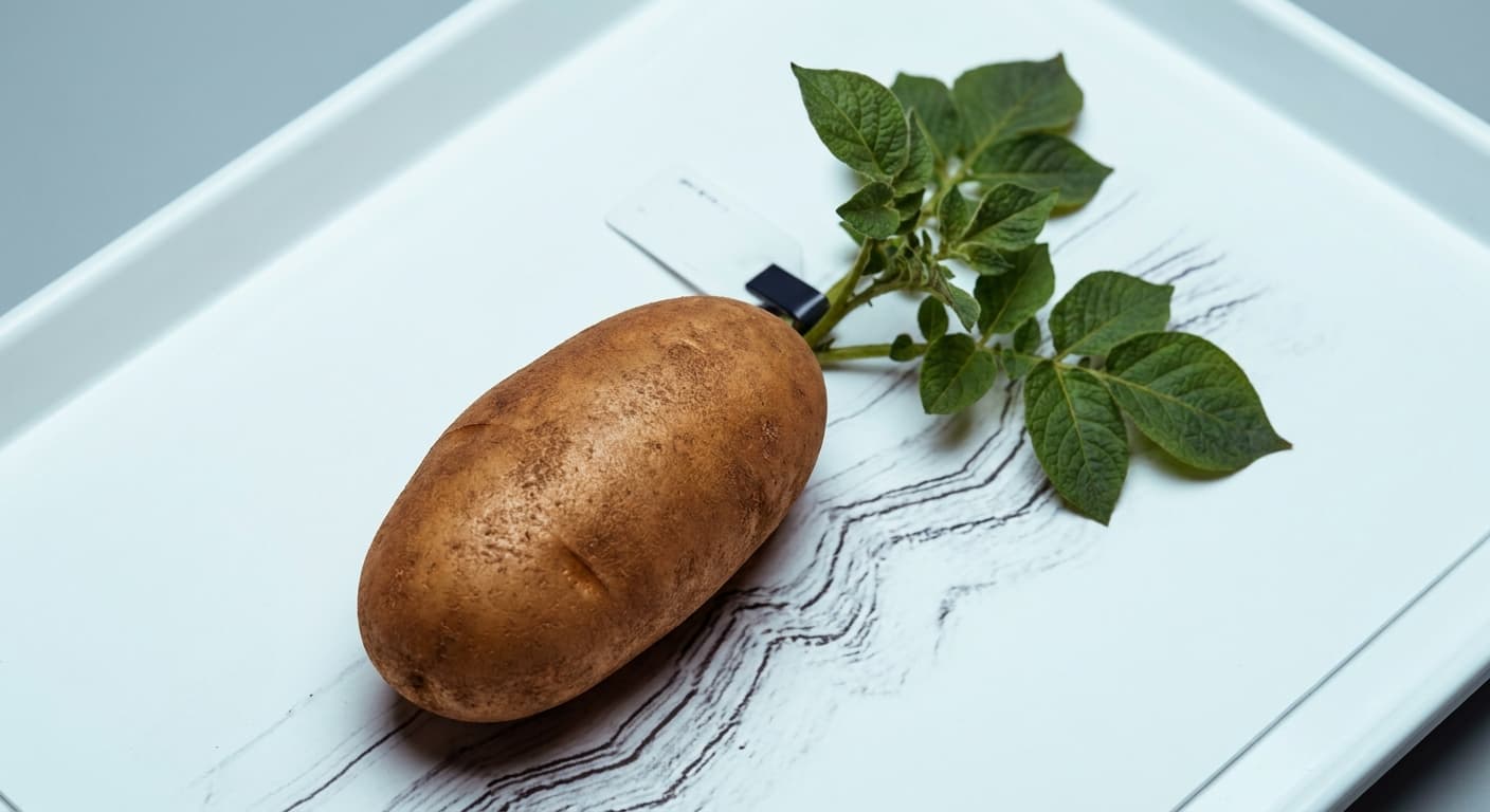 Scoville Splice Micro Quake (SS-0263) — engineered Potato specimen on-plant with laboratory specimen tag