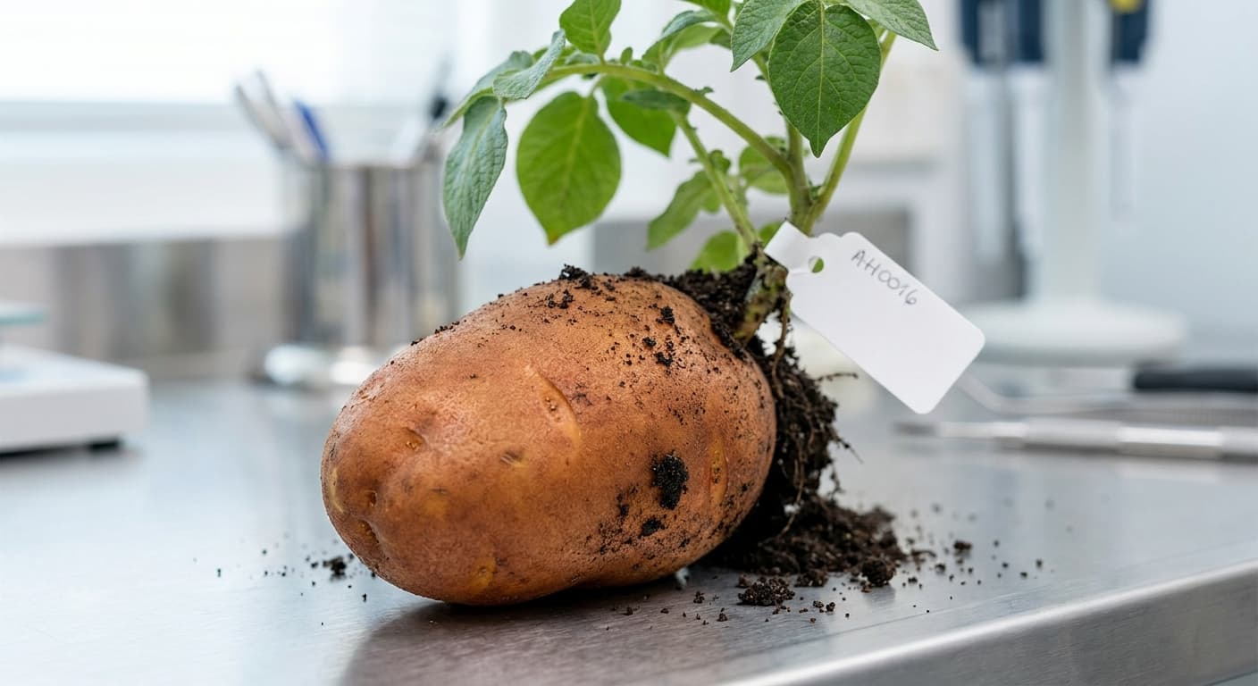 Scoville Splice Fault Line (SS-0264) — engineered Potato specimen on-plant with laboratory specimen tag