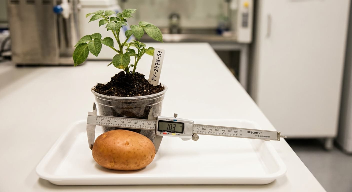 Scoville Splice Tectonic (SS-0265) — engineered Potato specimen on-plant with laboratory specimen tag