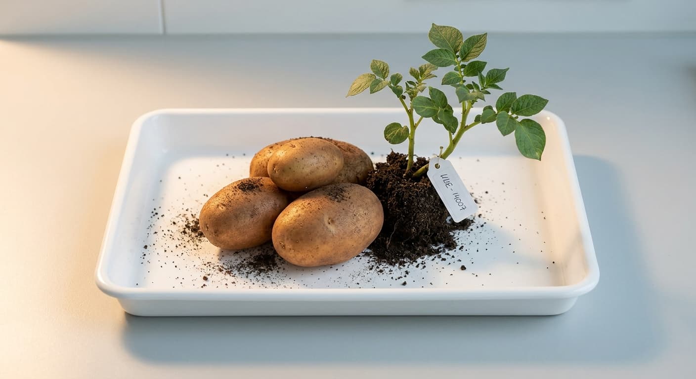 Scoville Splice Epicenter (SS-0266) — engineered Potato specimen on-plant with laboratory specimen tag