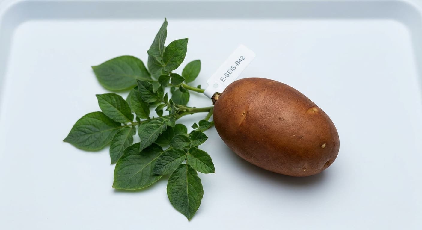 Scoville Splice Magnitude 5 (SS-0267) — engineered Potato specimen on-plant with laboratory specimen tag