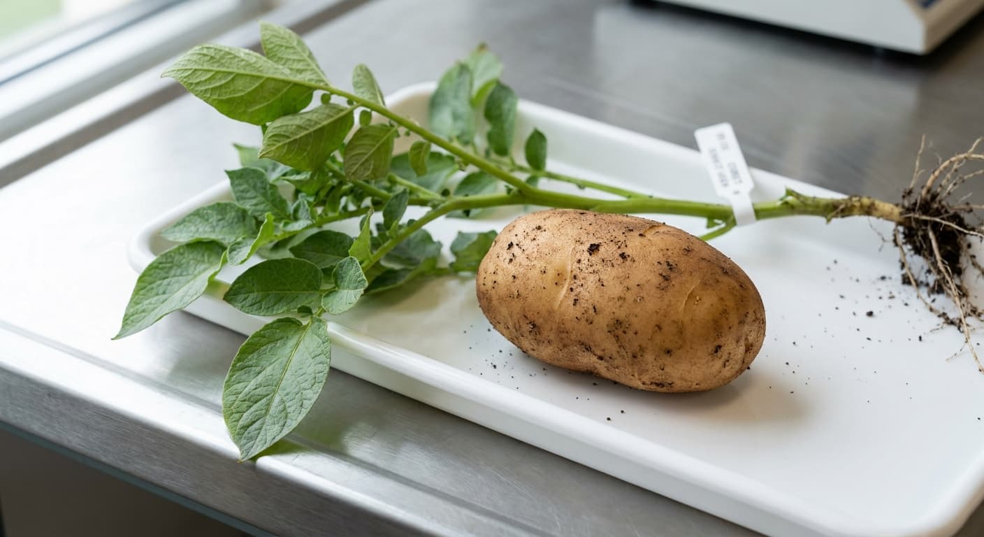 Scoville Splice Magnitude 6 (SS-0268) — engineered Potato specimen on-plant with laboratory specimen tag