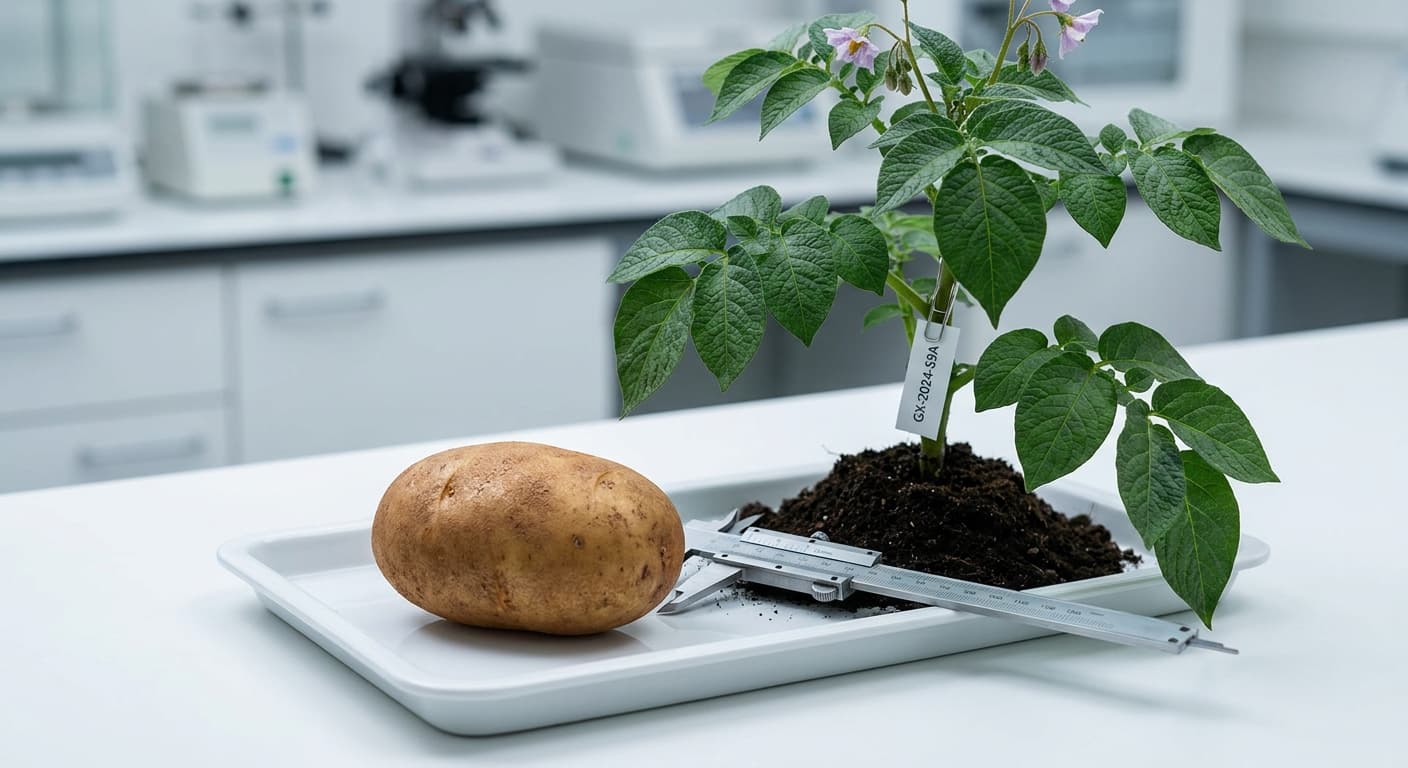 Scoville Splice Richter (SS-0269) — engineered Potato specimen on-plant with laboratory specimen tag