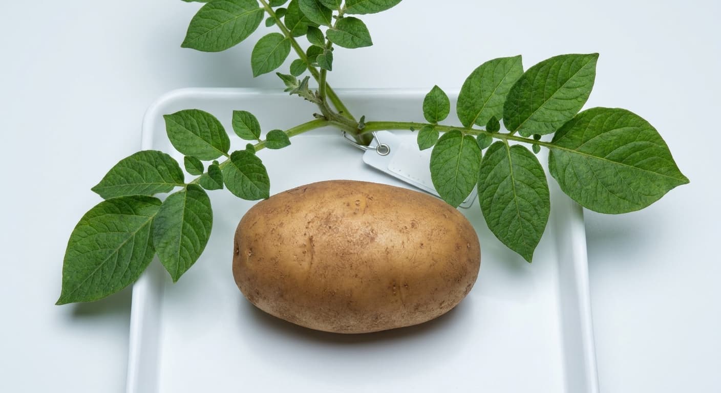 Scoville Splice Liquefaction (SS-0270) — engineered Potato specimen on-plant with laboratory specimen tag