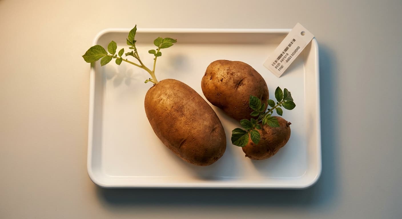 Scoville Splice Subduction (SS-0271) — engineered Potato specimen on-plant with laboratory specimen tag