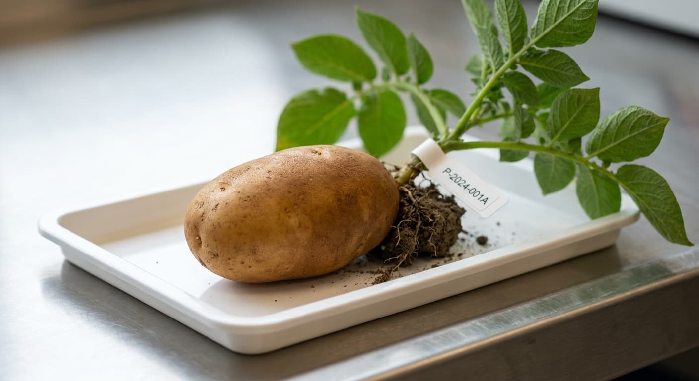 Scoville Splice Tsunami (SS-0273) — engineered Potato specimen on-plant with laboratory specimen tag