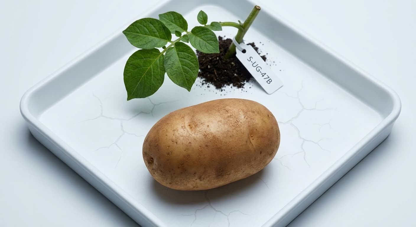 Scoville Splice Seismic Wave (SS-0274) — engineered Potato specimen on-plant with laboratory specimen tag