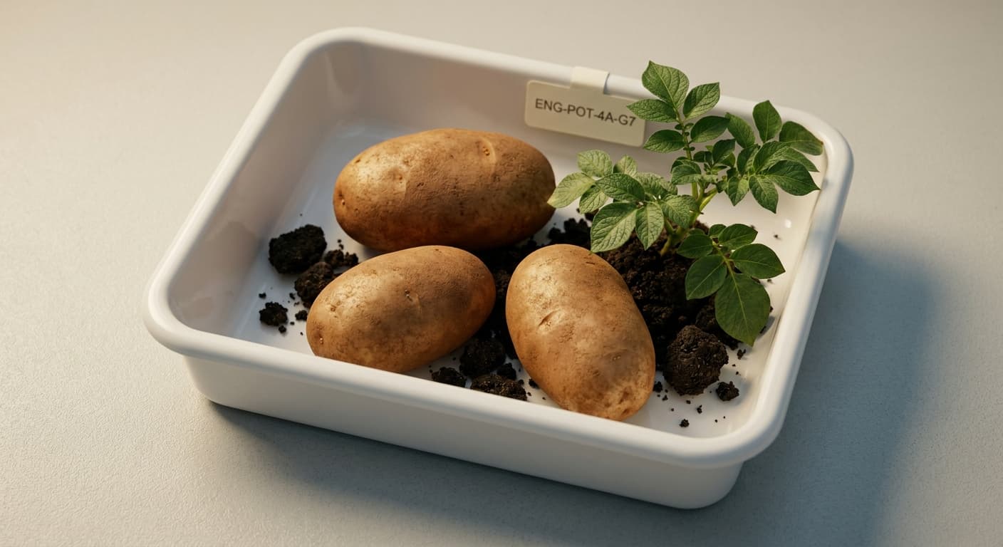 Scoville Splice Ground Zero (SS-0275) — engineered Potato specimen on-plant with laboratory specimen tag