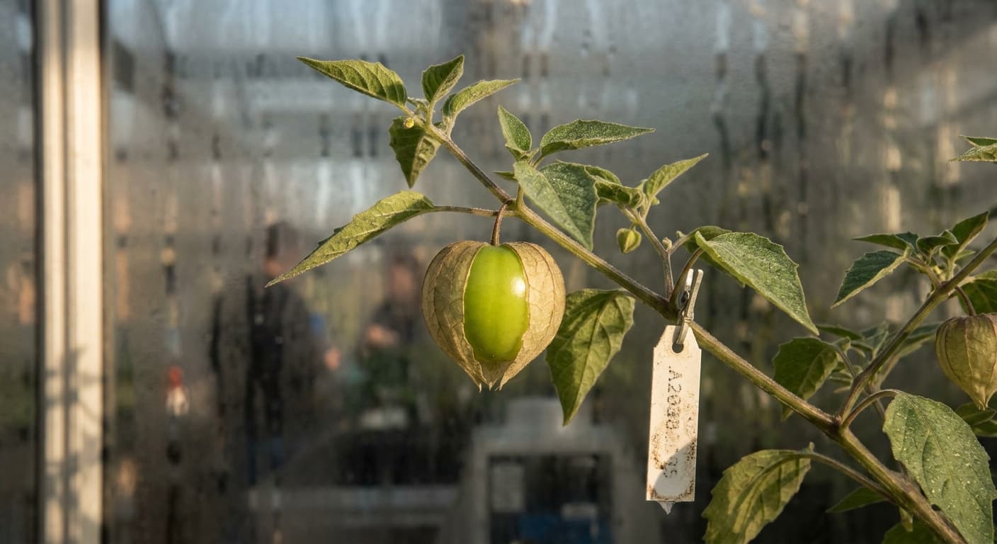 Scoville Splice Green Spark (SS-0286) — engineered Tomatillo specimen on-plant with laboratory specimen tag