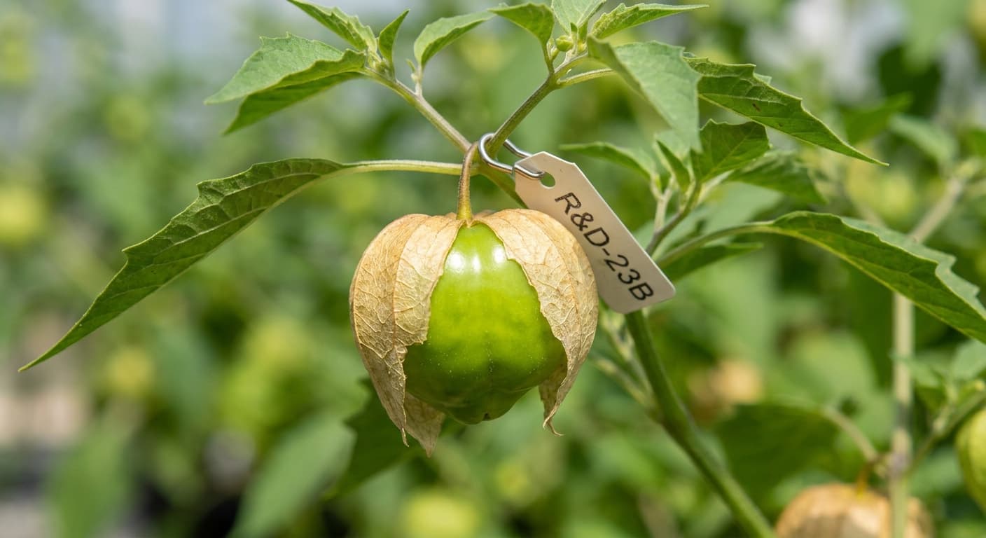 Scoville Splice Husk Glow (SS-0287) — engineered Tomatillo specimen on-plant with laboratory specimen tag