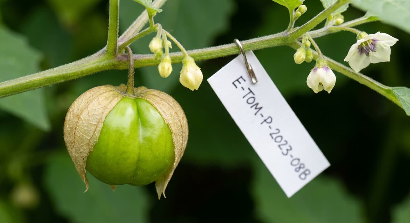 Scoville Splice Salsa Mild (SS-0288) — engineered Tomatillo specimen on-plant with laboratory specimen tag