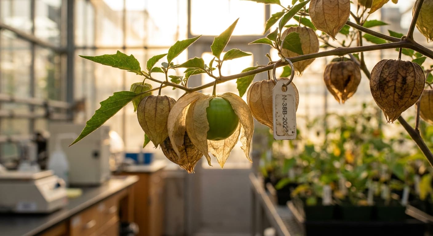 Scoville Splice Verde Flame (SS-0289) — engineered Tomatillo specimen on-plant with laboratory specimen tag