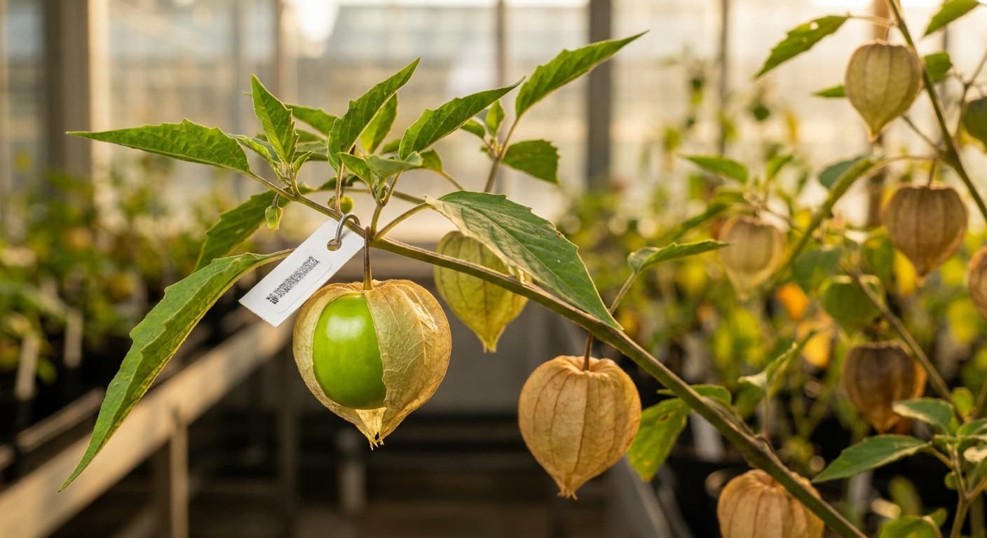 Scoville Splice Tomatillo Fire (SS-0290) — engineered Tomatillo specimen on-plant with laboratory specimen tag