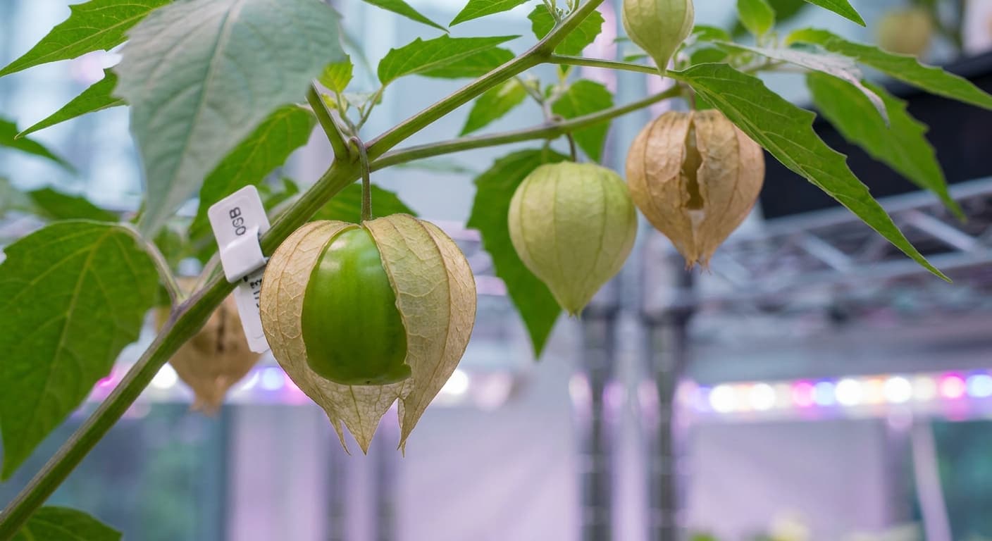 Scoville Splice Verdant Blaze (SS-0291) — engineered Tomatillo specimen on-plant with laboratory specimen tag