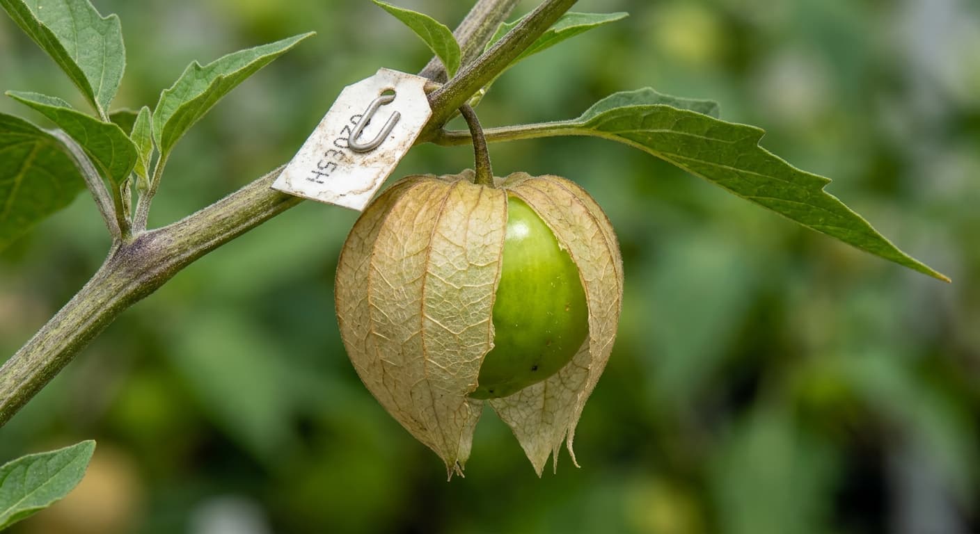 Scoville Splice Acid Rain (SS-0292) — engineered Tomatillo specimen on-plant with laboratory specimen tag